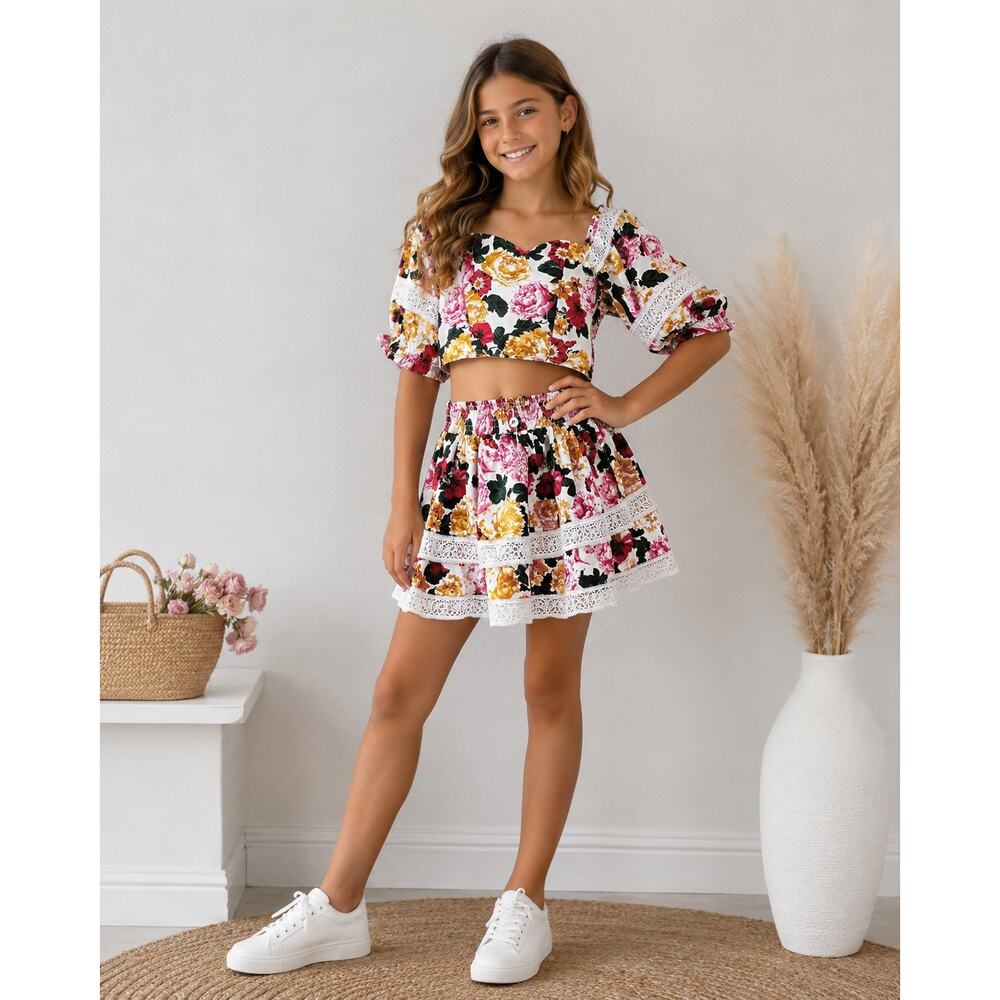 BuddyLove Girls Floral Two-Piece Set Sz Medium WhitePink Lace PuffSleeve Skirt